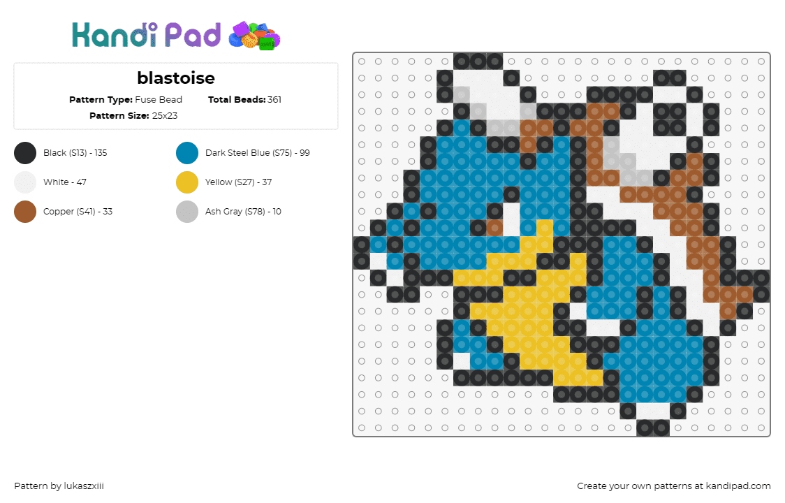 blastoise - Fuse Bead Pattern by lukaszxiii on Kandi Pad - blastoise,pokemon,water-type,creature,anime,gaming,shell,cannons,fierce,blue