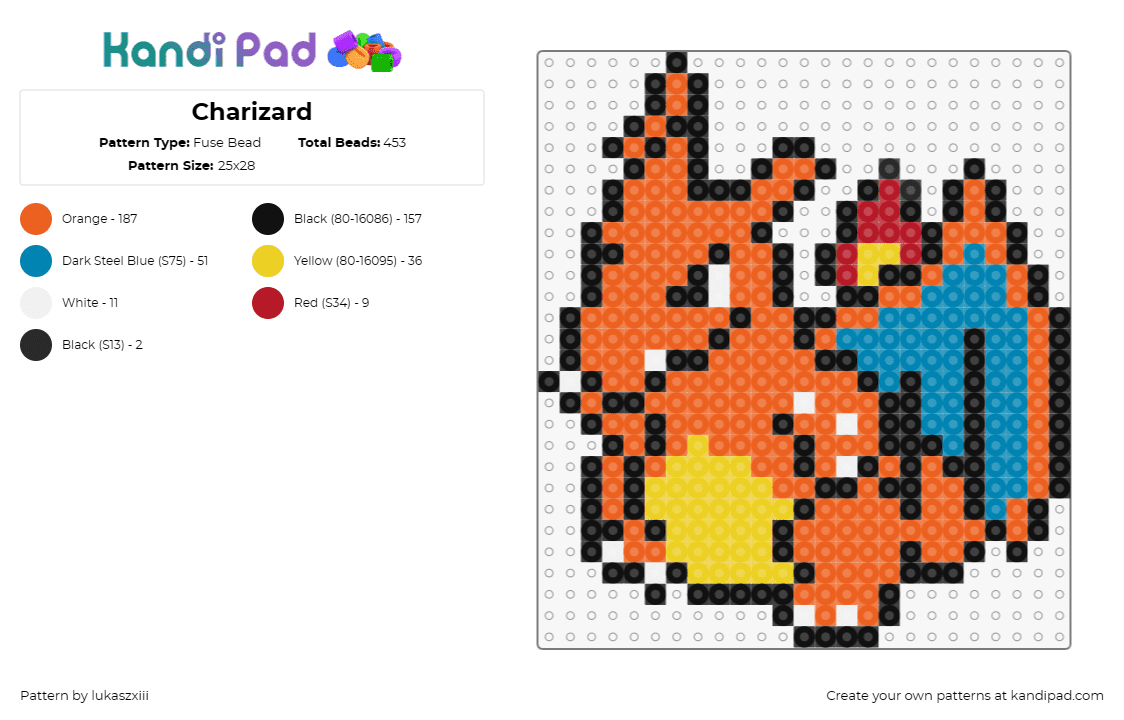 Charizard - Fuse Bead Pattern by lukaszxiii on Kandi Pad - charizard,pokemon,fiery,spirit,vibrant,collectors,orange