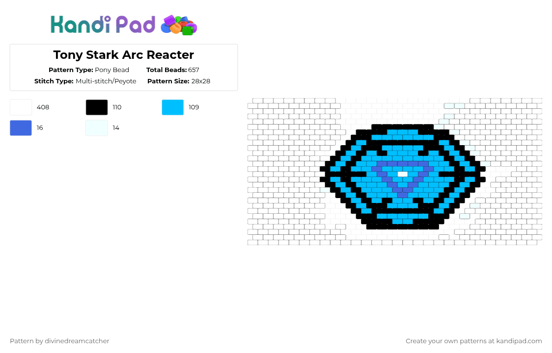 Tony Stark Arc Reacter - Pony Bead Pattern by divinedreamcatcher on Kandi Pad - arc reacter, ironman, light blue, marvel, stark, tony, tony stark, white