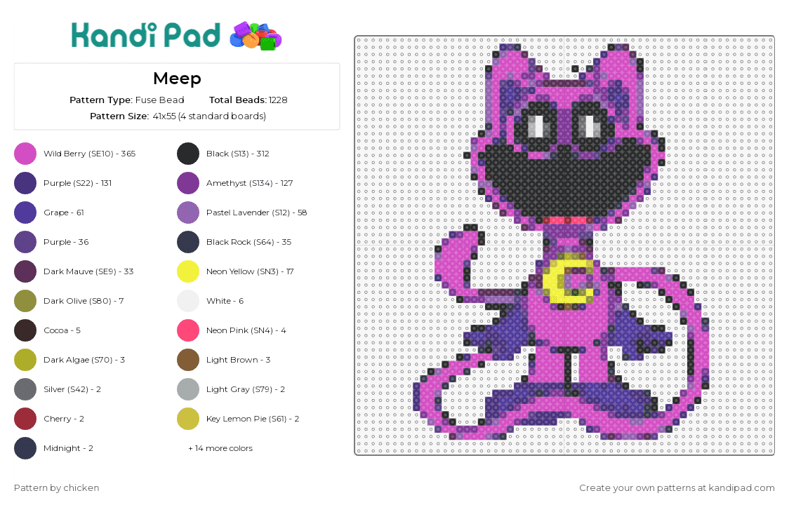 Meep - Fuse Bead Pattern by chicken on Kandi Pad - catnap,smiling critters,poppy playtime,feline,emblem,character,joyful,purple
