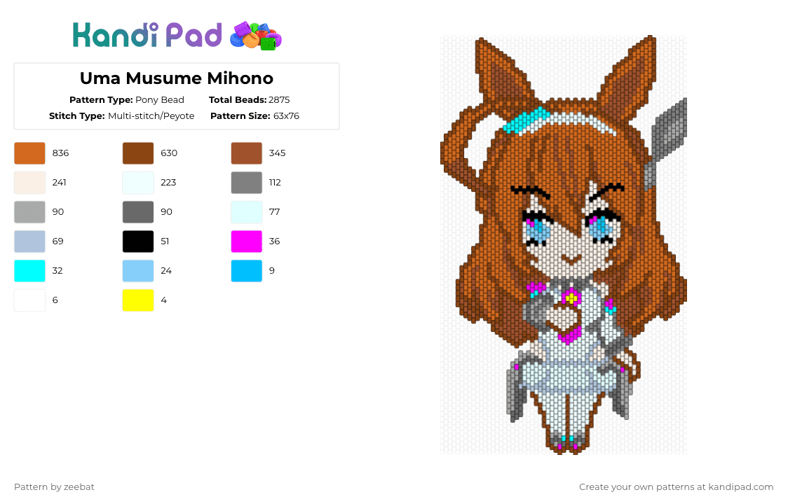 Mihono Bourbon Chibi Uma Musume - Pony Bead Pattern by zeebat on Kandi Pad - orange,red,umamusume,anime,chibi,pretty derby,uma,musume,mihono,peyote