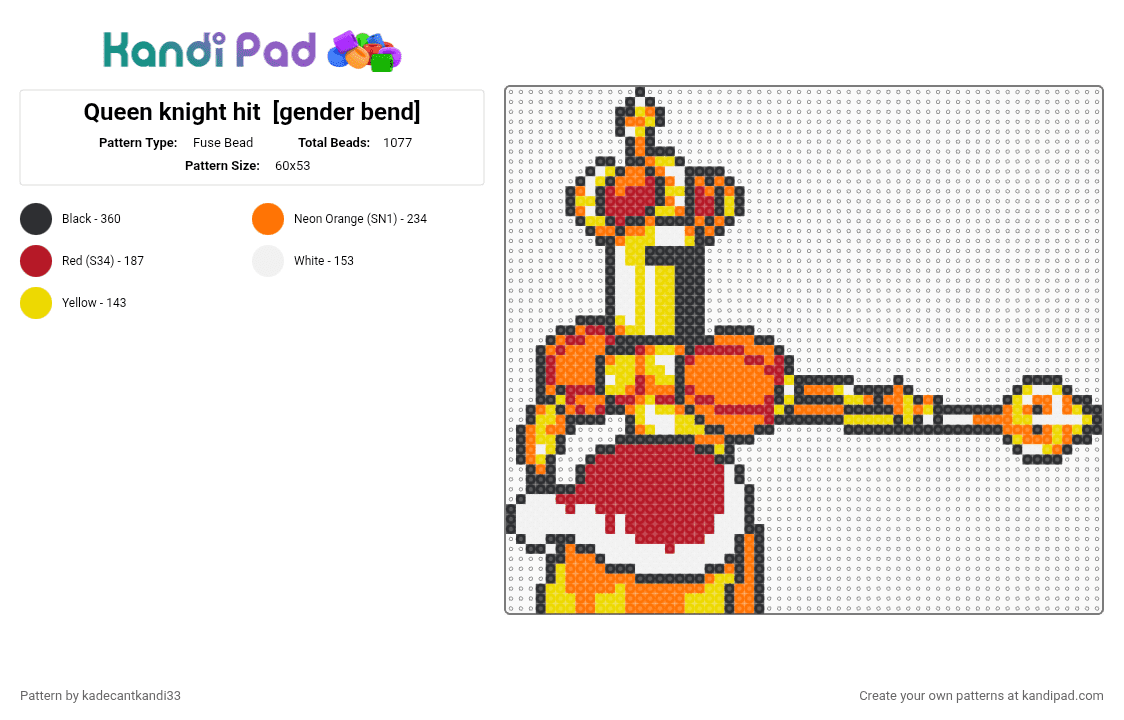 Queen knight hit  [gender bend] - Fuse Bead Pattern by kadecantkandi33 on Kandi Pad - orange,red,shovel knight,queen knight,shovelknight,king knight,king of cards