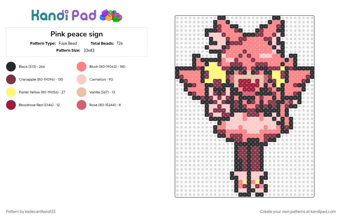 Pink peace sign - Fuse Bead Pattern by kadecantkandi33 on Kandi Pad - brown, deltarune, mad mew mew, pink, red