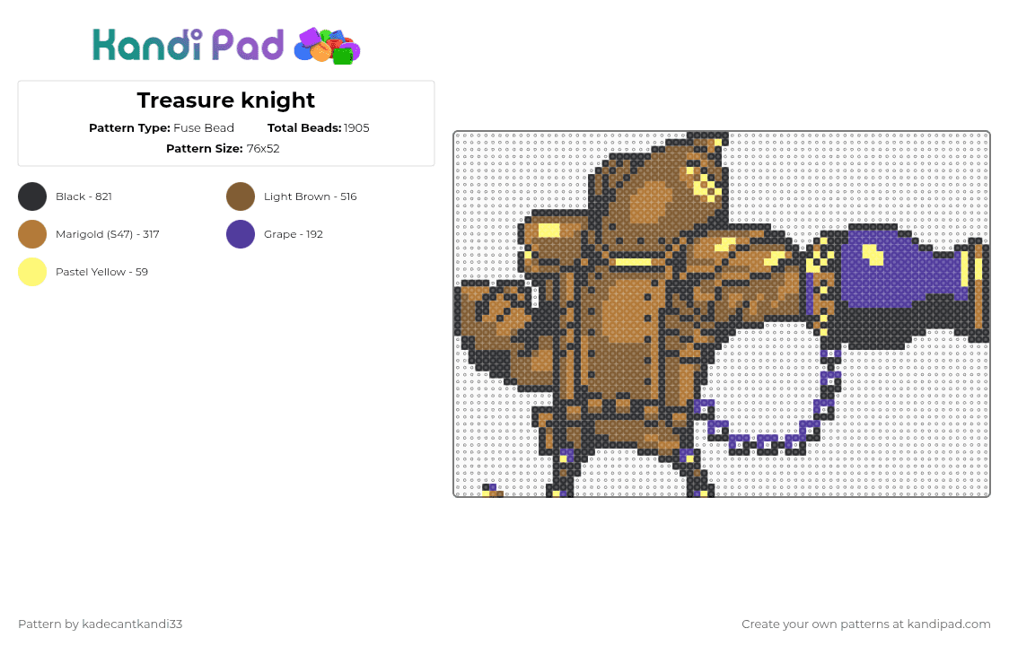 Treasure knight - Fuse Bead Pattern by kadecantkandi33 on Kandi Pad - tan,treasure knight,shovel knight,shovelknight