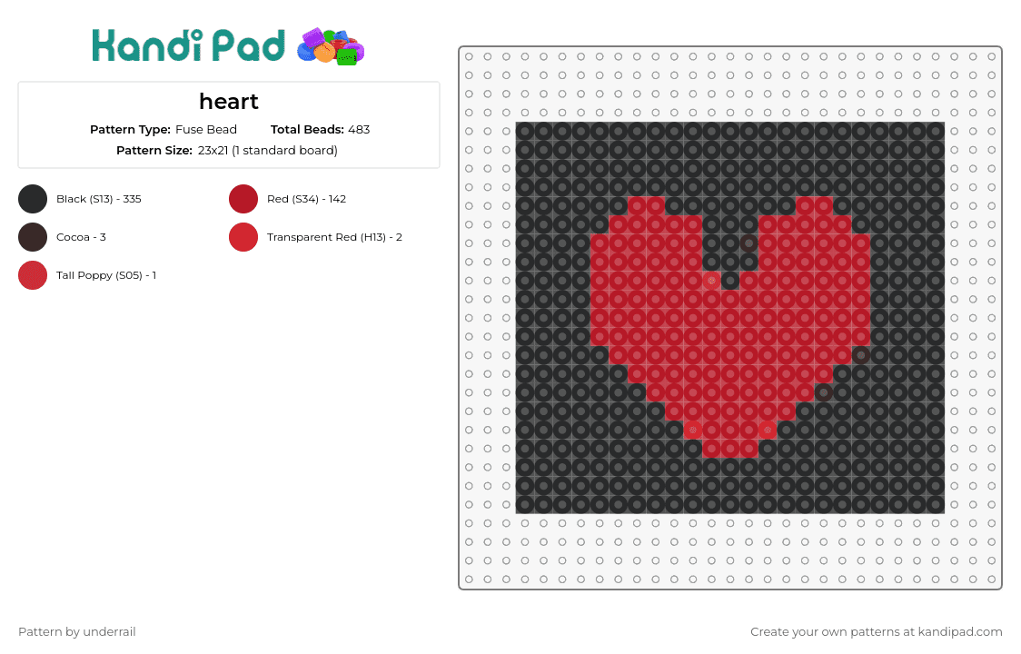 heart - Fuse Bead Pattern by underrail on Kandi Pad - heart,love,valentine,affection,symbol,romantic,emotion,red,black