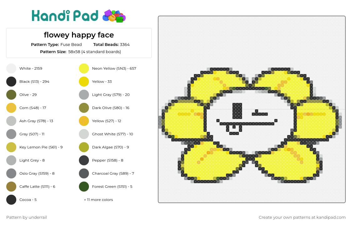 flowey happy face - Fuse Bead Pattern by underrail on Kandi Pad - flowey,undertale,flower,cheerful,happy,gaming,charm,yellow,white