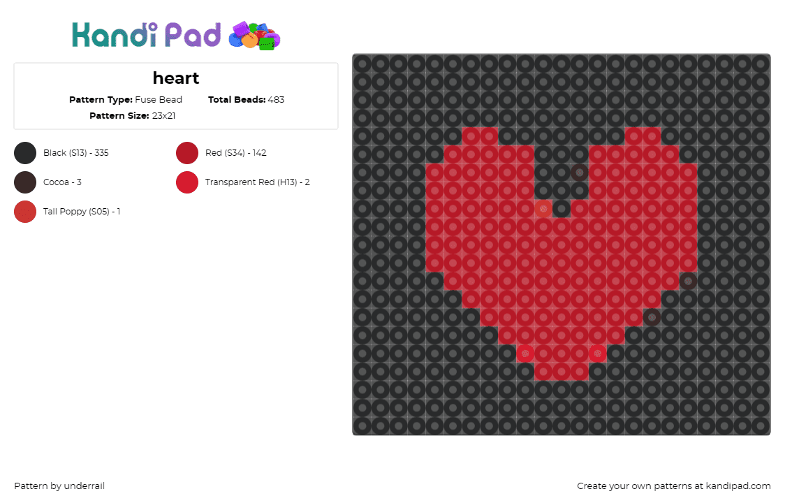 heart - Fuse Bead Pattern by underrail on Kandi Pad - heart,love,valentine,affection,symbol,romantic,emotion,red,black