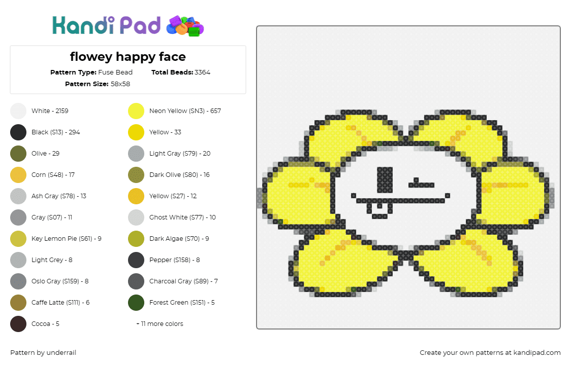 flowey happy face - Fuse Bead Pattern by underrail on Kandi Pad - flowey,undertale,flower,cheerful,happy,gaming,yellow,white