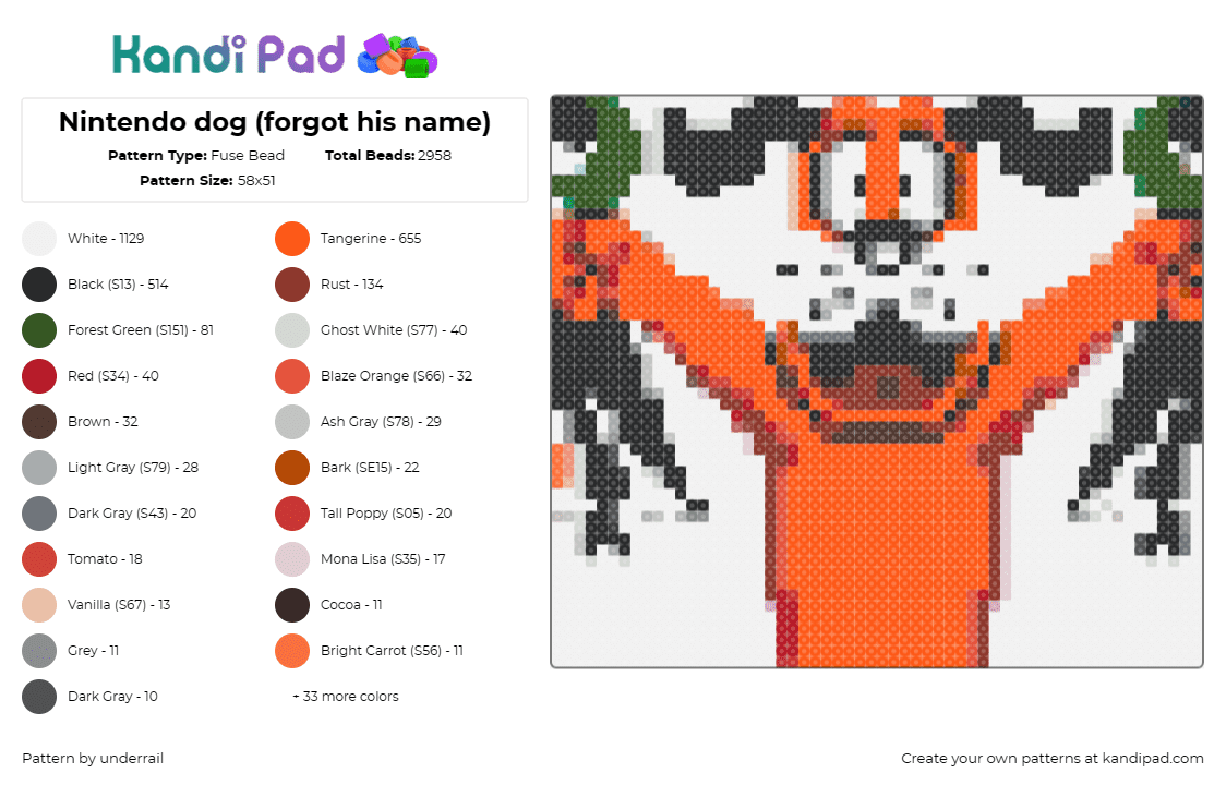 Nintendo dog (forgot his name) - Fuse Bead Pattern by underrail on Kandi Pad - uck hunt,nintendo,dog,video game,classic,retro,playful,orange