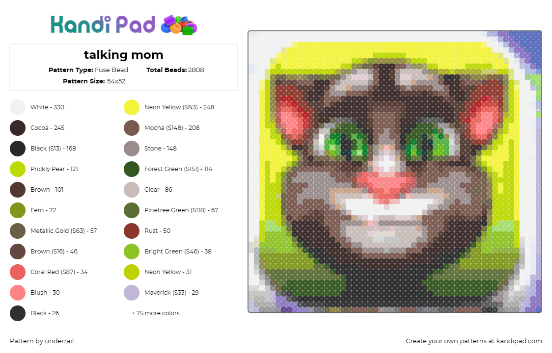 talking mom - Fuse Bead Pattern by underrail on Kandi Pad - talking tom,emoji,cat,animation,character,smiling,animated,green