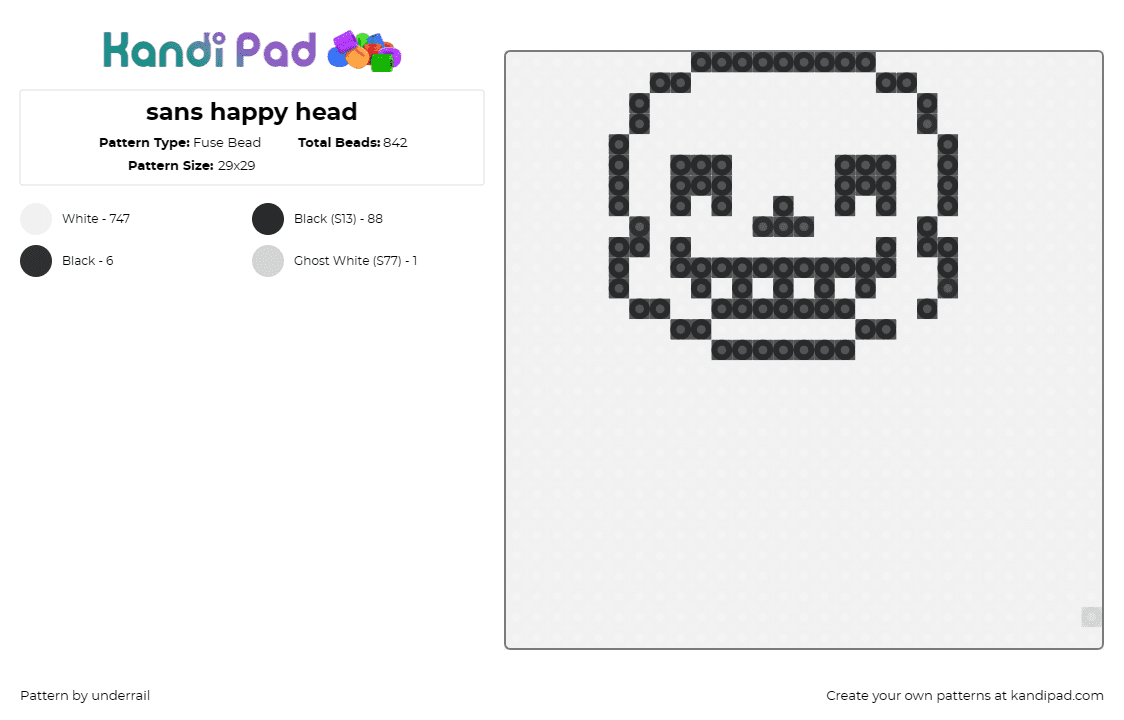 sans happy head - Fuse Bead Pattern by underrail on Kandi Pad - sans,undertale,video game,smile,cheerful,minimalist,character,black,white