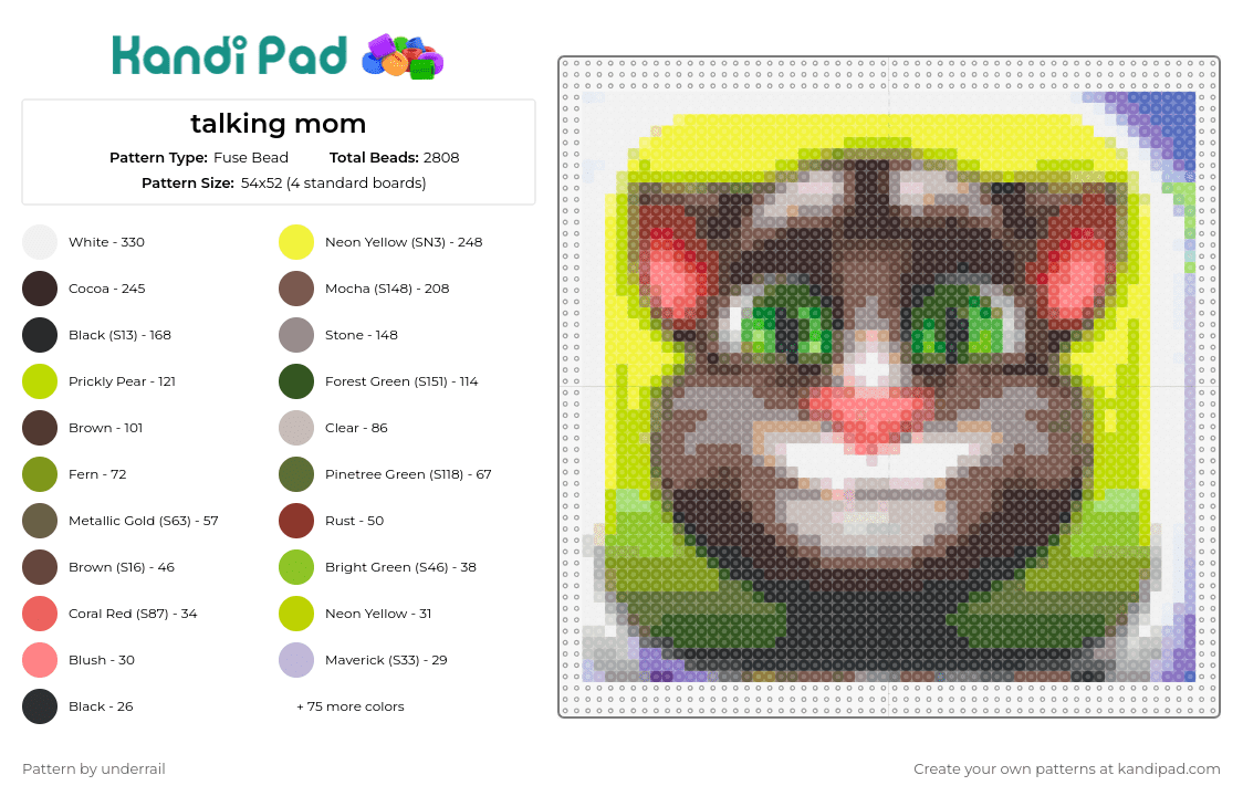 talking mom - Fuse Bead Pattern by underrail on Kandi Pad - talking tom,emoji,cat,animation,character,smiling,animated,green