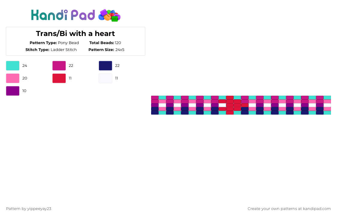 Trans/Bi with a heart - Pony Bead Pattern by yippeeyay23 on Kandi Pad - pink,pride,trans,bi,heart