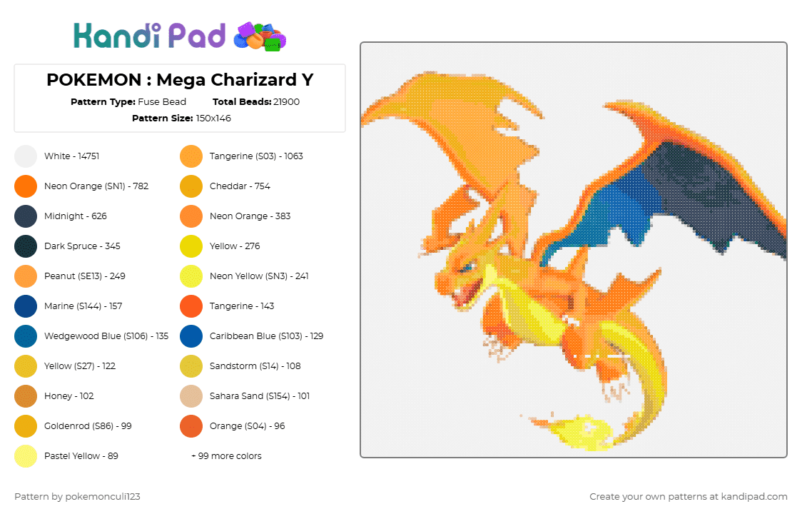POKEMON : Mega Charizard Y - Fuse Bead Pattern by pokemonculi123 on Kandi Pad - yellow,red,blue,colorful