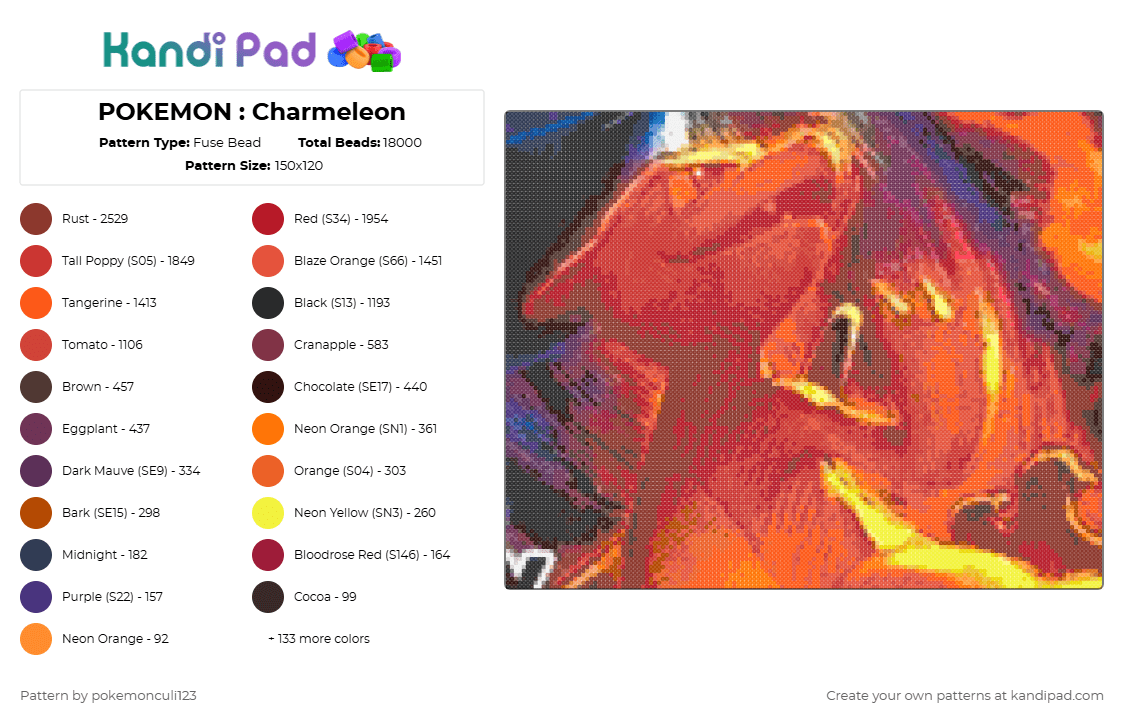 POKEMON : Charmeleon - Fuse Bead Pattern by pokemonculi123 on Kandi Pad - brown,red,orange
