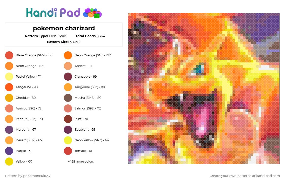 pokemon charizard - Fuse Bead Pattern by pokemonculi123 on Kandi Pad - orange,red,yellow,pink