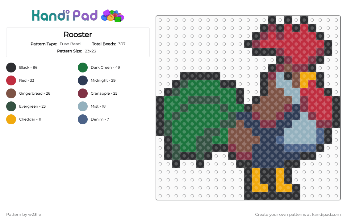 Rooster - Fuse Bead Pattern by w23lfe on Kandi Pad - red,green,tan,colorful,rooster,chicken,farm,poultry,perler,bird