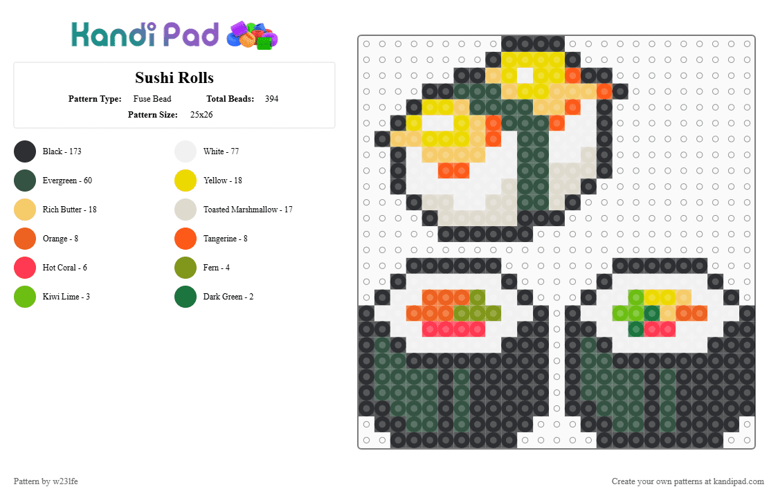 Sushi Rolls - Fuse Bead Pattern by w23lfe on Kandi Pad - black,yellow,gray,sushi,food,small,sushi roll
