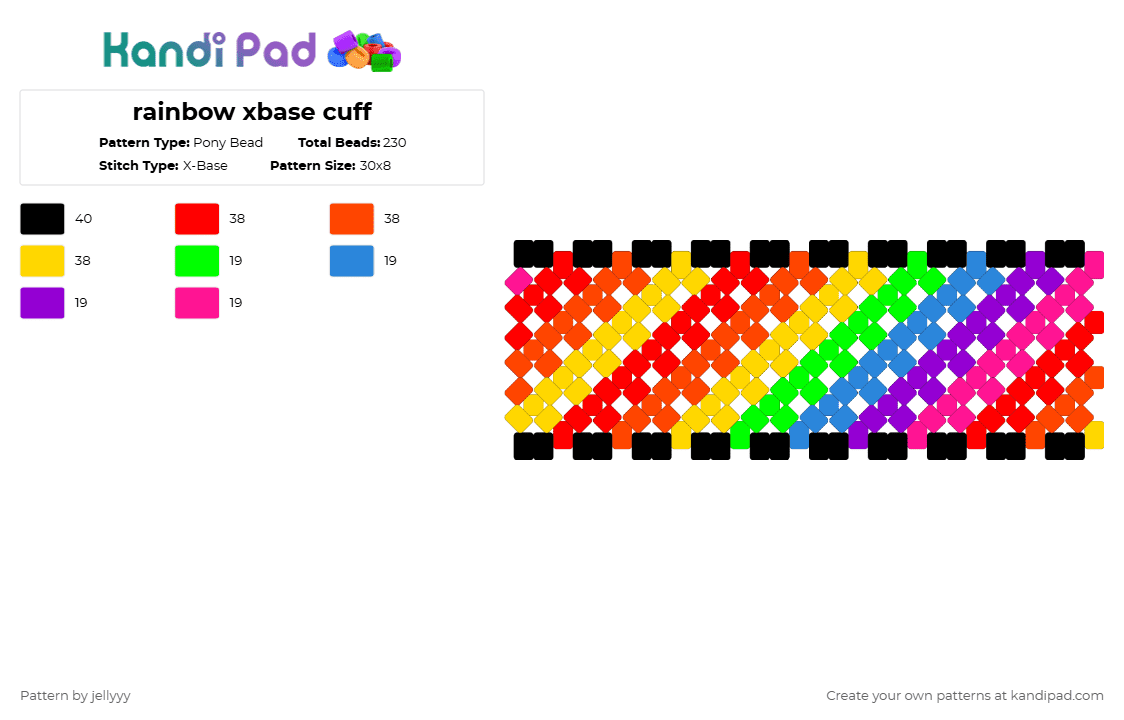 rainbow xbase cuff - Pony Bead Pattern by jellyyy on Kandi Pad - red,yellow,rainbow,xbasecuff,kandi