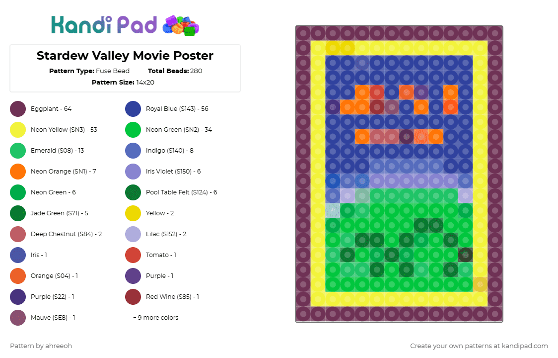 Stardew Valley Movie Poster - Fuse Bead Pattern by ahreeoh on Kandi Pad - pink,yellow,purple,green
