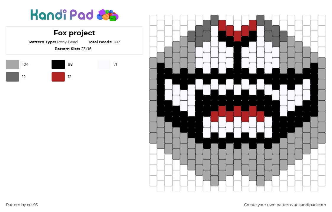 Fox project - Pony Bead Pattern by cos93 on Kandi Pad - furry,fox,animal,community,mask,teeth,gray,white