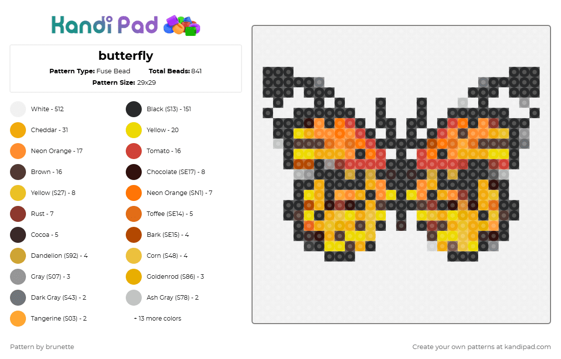 butterfly - Fuse Bead Pattern by brunette on Kandi Pad - colorful, orange, red, white