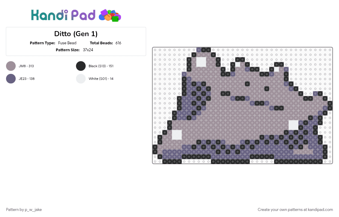 Ditto (Gen 1) - Fuse Bead Pattern by p_w_jake on Kandi Pad - ditto, generation 1, gray, kanto, pokemon, slime