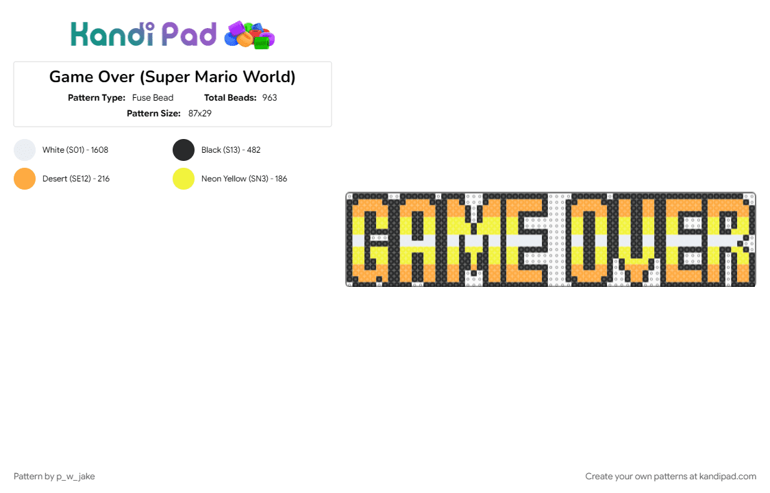Game Over (Super Mario World) - Fuse Bead Pattern by p_w_jake on Kandi Pad - cotdtypography, game over, mario, nintendo, orange, super mario world, video game, yellow