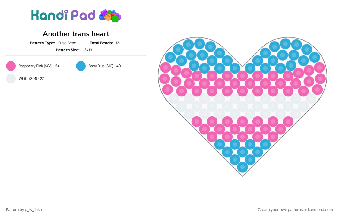 Another trans heart - Fuse Bead Pattern by p_w_jake on Kandi Pad - heart, light blue, pink, pride, trans, transgender