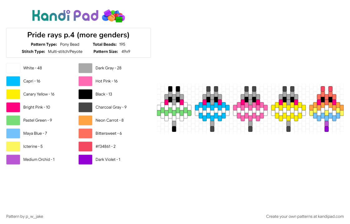 Pride rays p.4 (more genders) - Pony Bead Pattern by p_w_jake on Kandi Pad - agender, beige, demiboy, demigender, demigirl, fish, light blue, pink, pride, ray, xenogender, yellow