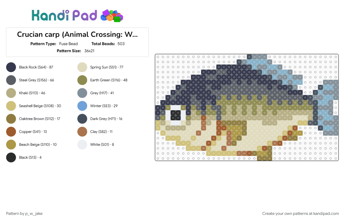 Crucian carp (Animal Crossing: Wild World) - Fuse Bead Pattern by p_w_jake on Kandi Pad - animal crossing, beige, fish, gold, gray, nintendo, purple