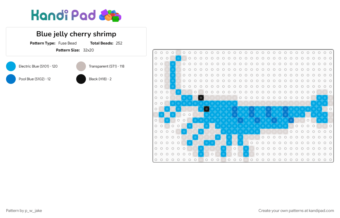 Blue jelly cherry shrimp - Fuse Bead Pattern by p_w_jake on Kandi Pad - animal, aquarium, beige, crustacean, fish tank, light blue, shrimp, transparent