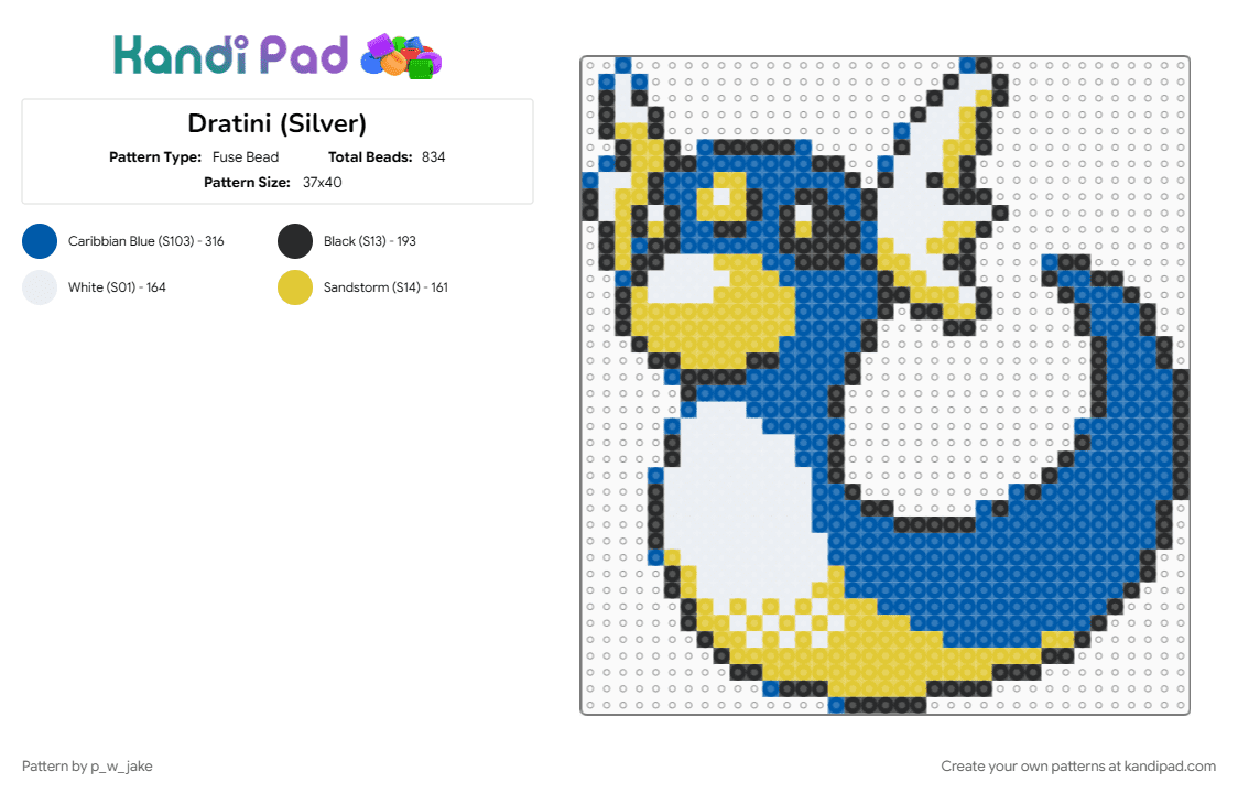 Dratini (Silver) - Fuse Bead Pattern by p_w_jake on Kandi Pad - blue, dragon, dratini, generation 1, kanto, pokemon, yellow