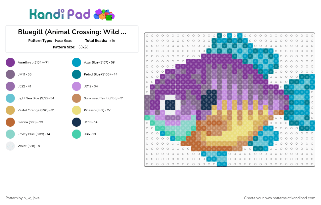 Bluegill (Animal Crossing: Wild World) - Fuse Bead Pattern by p_w_jake on Kandi Pad - animal, animal crossing, fish, fishing, light blue, pink, river