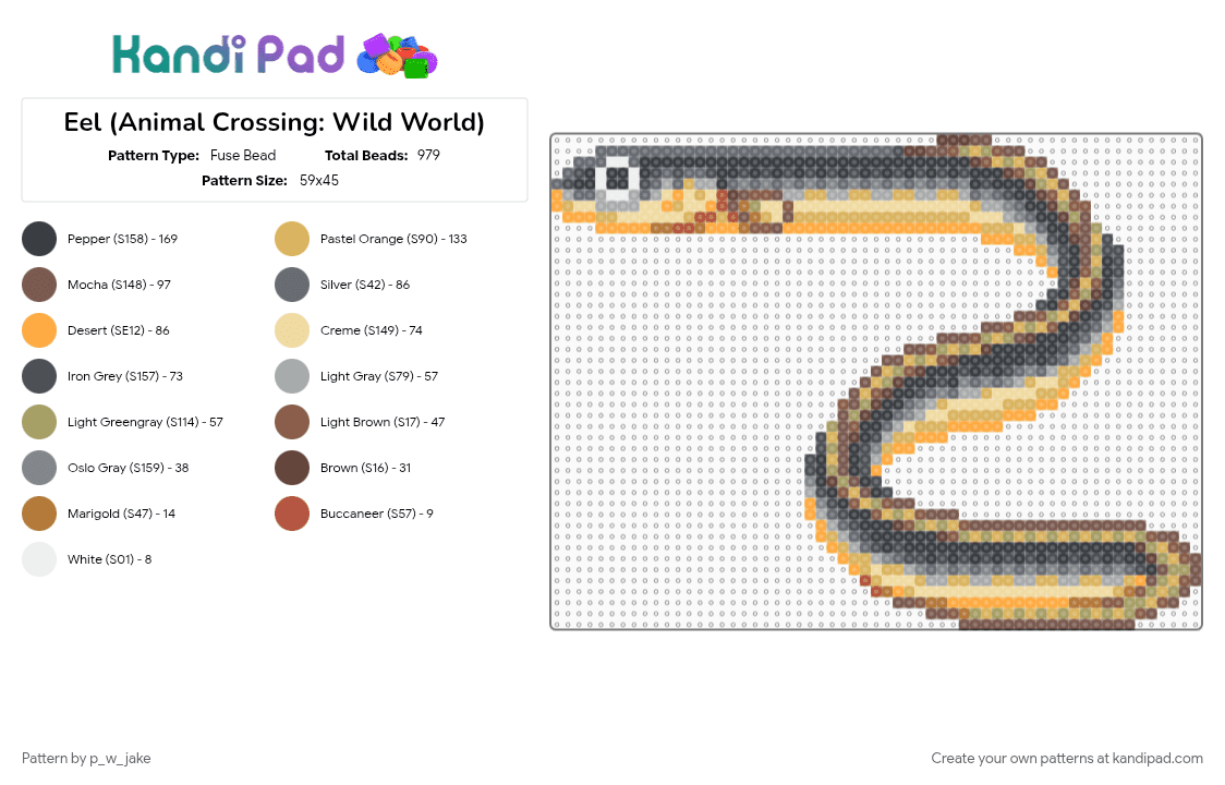 Eel (Animal Crossing: Wild World) - Fuse Bead Pattern by p_w_jake on Kandi Pad - animal crossing, eel, fish, fishing, gray, orange, tan