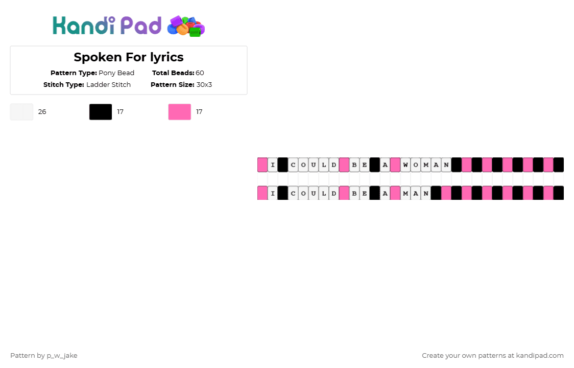 Spoken For lyrics - Pony Bead Pattern by p_w_jake on Kandi Pad - white,pink,vocaloid,kasane teto