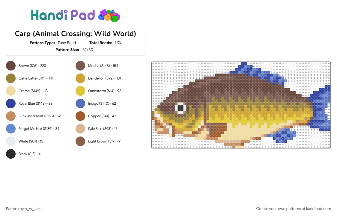 Carp (Animal Crossing: Wild World) - Fuse Bead Pattern by p_w_jake on Kandi Pad - animal, animal crossing, brown, carp, colorful, fish, orange, pond, tan