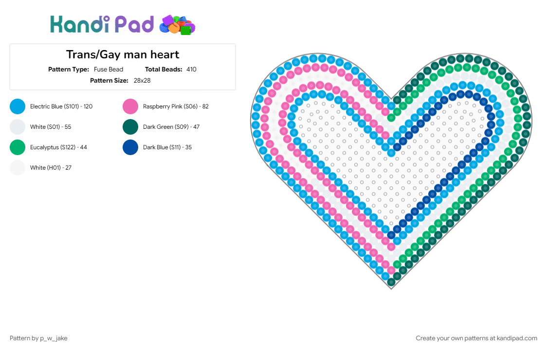 Trans/Gay man heart - Fuse Bead Pattern by p_w_jake on Kandi Pad - gay man, heart, light blue, mlm, pink, pride, trans, transgender