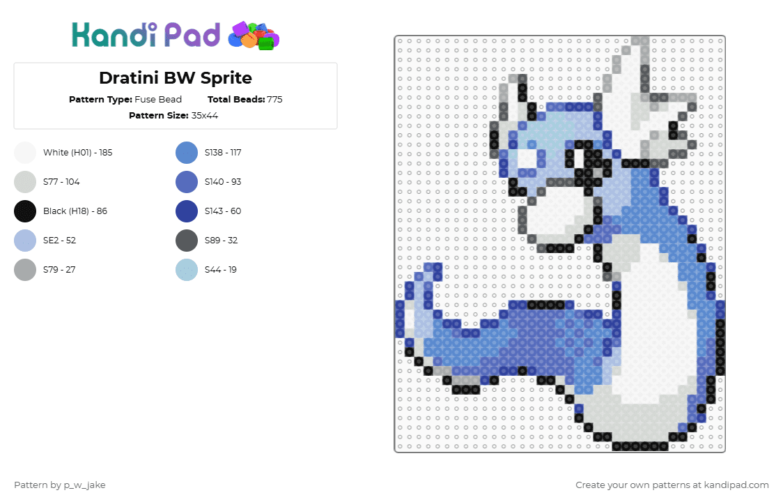 Dratini BW Sprite - Fuse Bead Pattern by p_w_jake on Kandi Pad - blue,dratini,pokemon