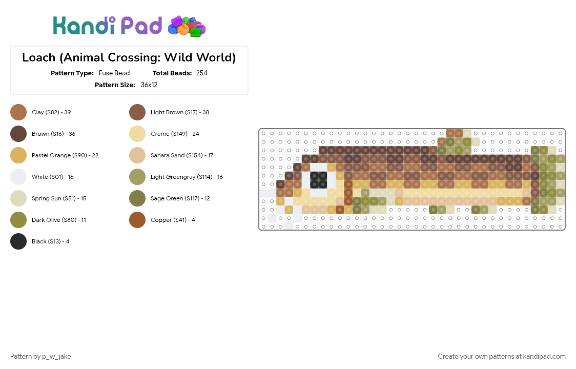Loach (Animal Crossing: Wild World) - Fuse Bead Pattern by p_w_jake on Kandi Pad - animal crossing, beige, cute, fish, river, tan