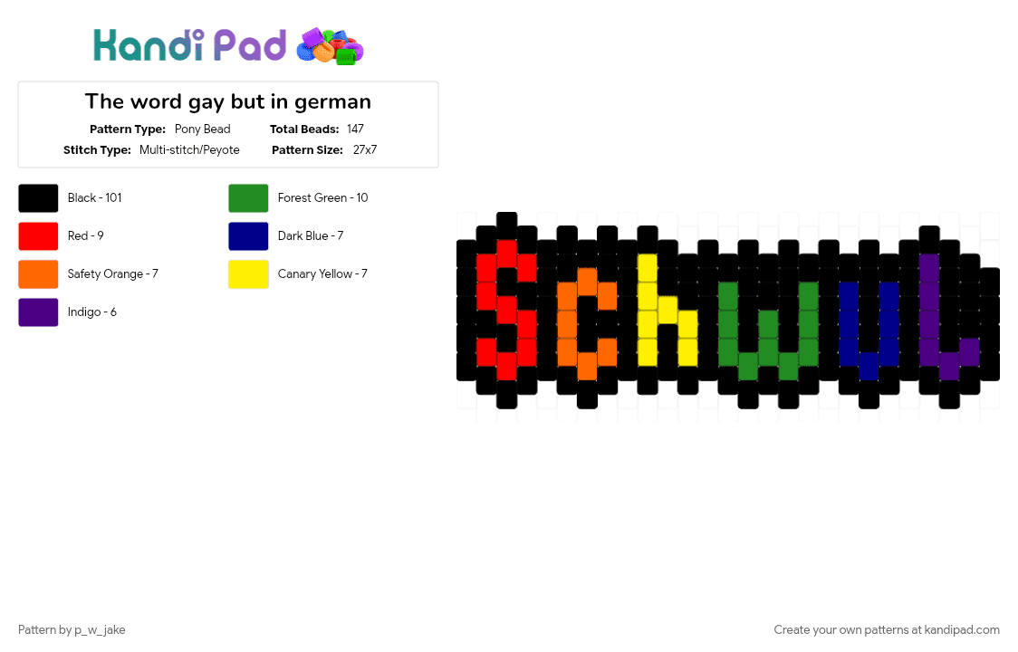 The word gay but in german - Pony Bead Pattern by p_w_jake on Kandi Pad - gay, german, germany, homosexual, letter, letters, pride, rainbow