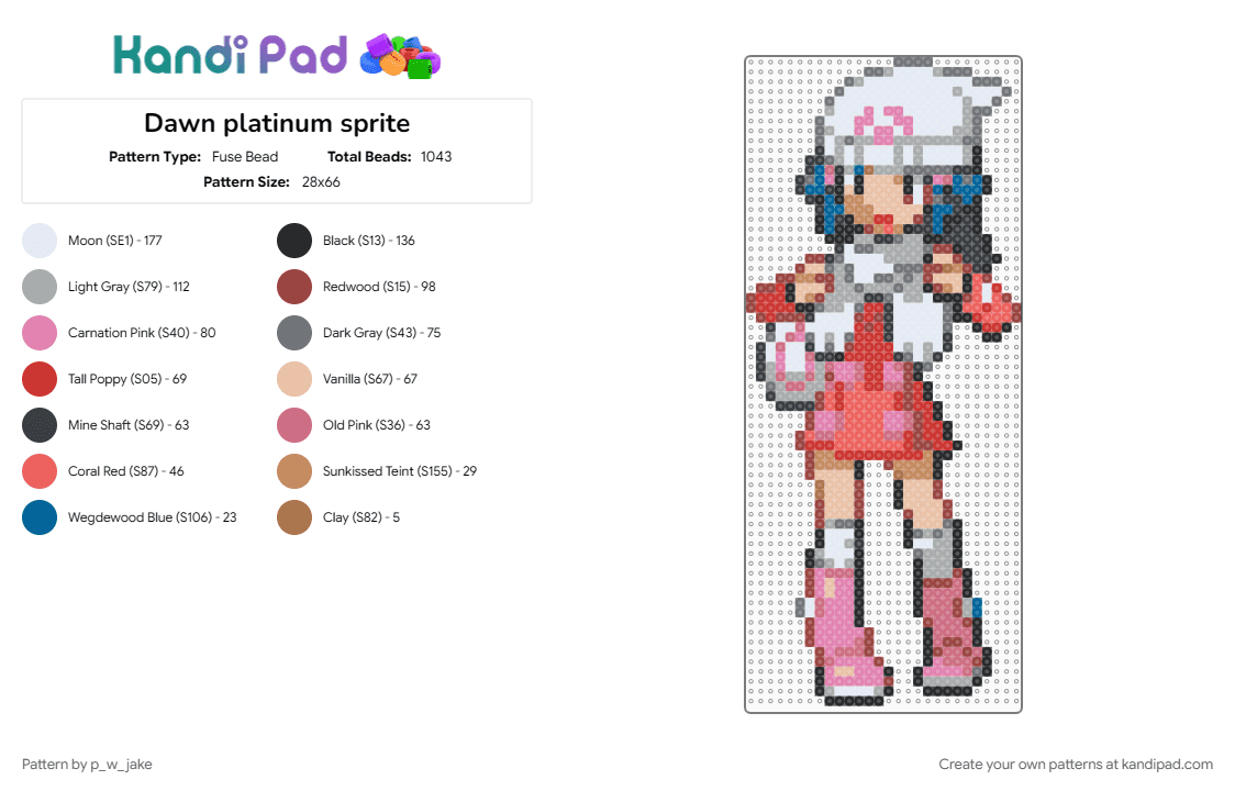 Dawn platinum sprite - Fuse Bead Pattern by p_w_jake on Kandi Pad - character, gray, pink, pokemon, red