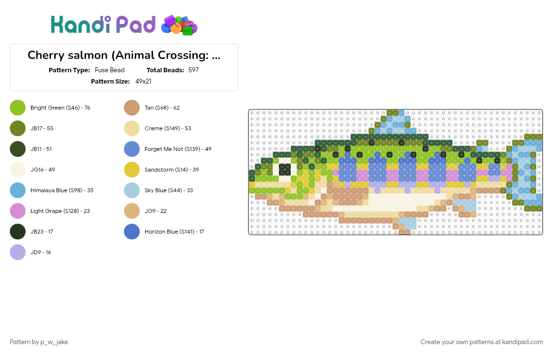 Cherry salmon (Animal Crossing: Wild World) - Fuse Bead Pattern by p_w_jake on Kandi Pad - animal crossing, beige, blue, fish, fishing, green, light blue, river, salmon