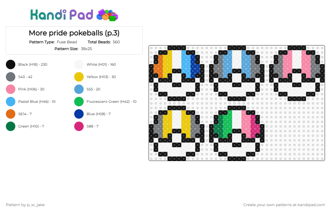 More pride pokeballs (p.3) - Fuse Bead Pattern by p_w_jake on Kandi Pad - black, colorful, light blue, pink, pokeball, pokemon, pride, white