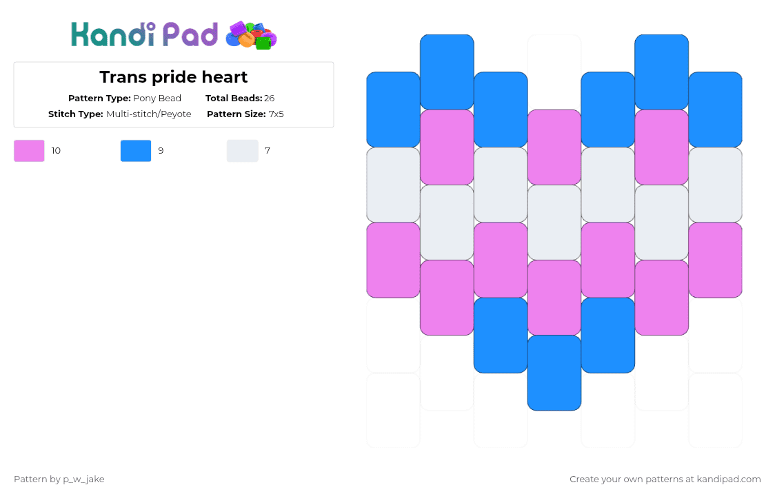 Trans pride heart - Pony Bead Pattern by p_w_jake on Kandi Pad - light blue,pink,transgender,pride,heart