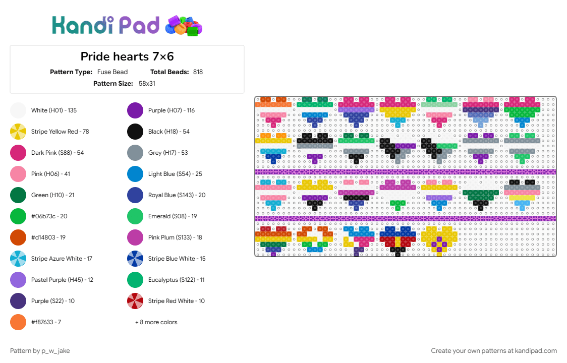 Pride hearts 7×6 (UPDATED) - Fuse Bead Pattern by p_w_jake on Kandi Pad - gay, green, heart, hearts, pink, pride, pride hearts, purple, trans, yellow
