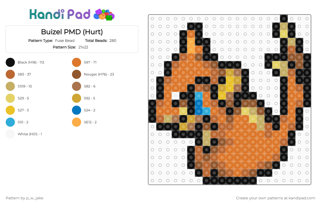 Buizel PMD (Hurt) - Fuse Bead Pattern by p_w_jake on Kandi Pad - tan,orange,pokemon,buizel