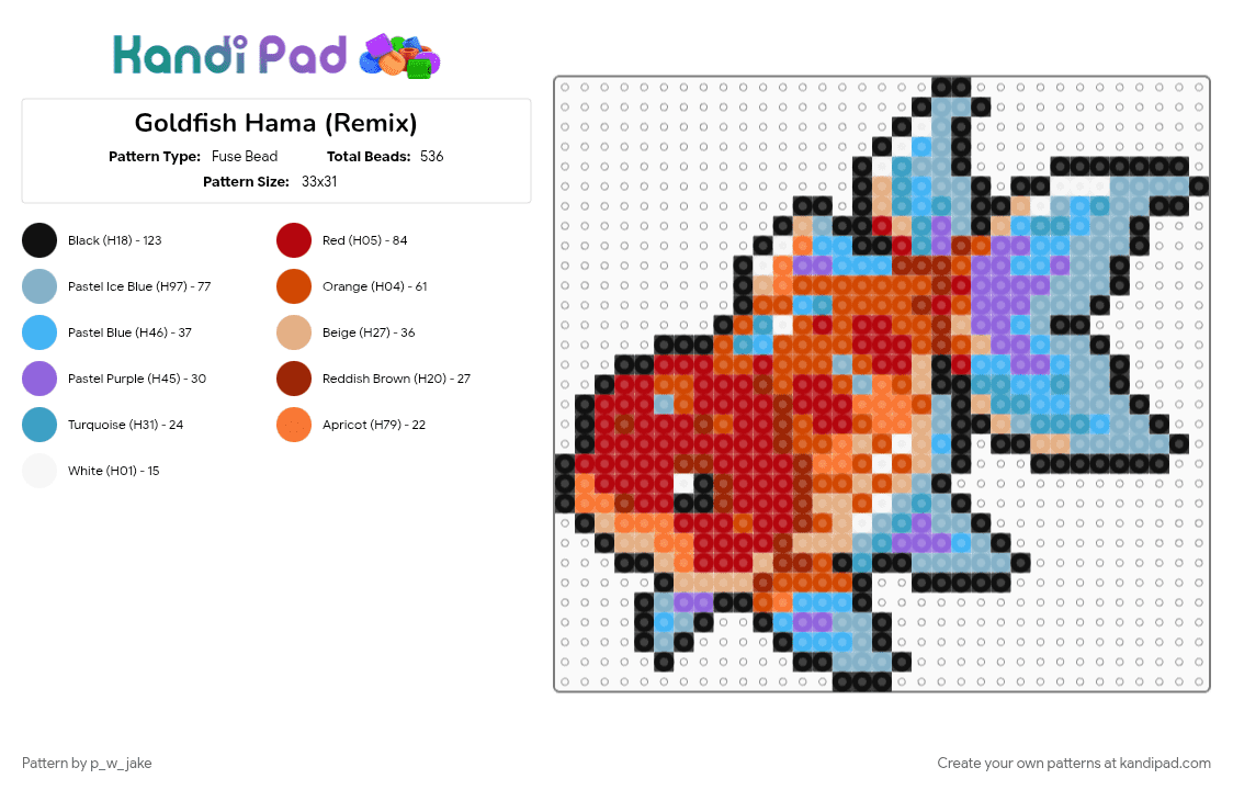 Goldfish Hama (Remix) - Fuse Bead Pattern by p_w_jake on Kandi Pad - animal, fish, light blue, pet, red