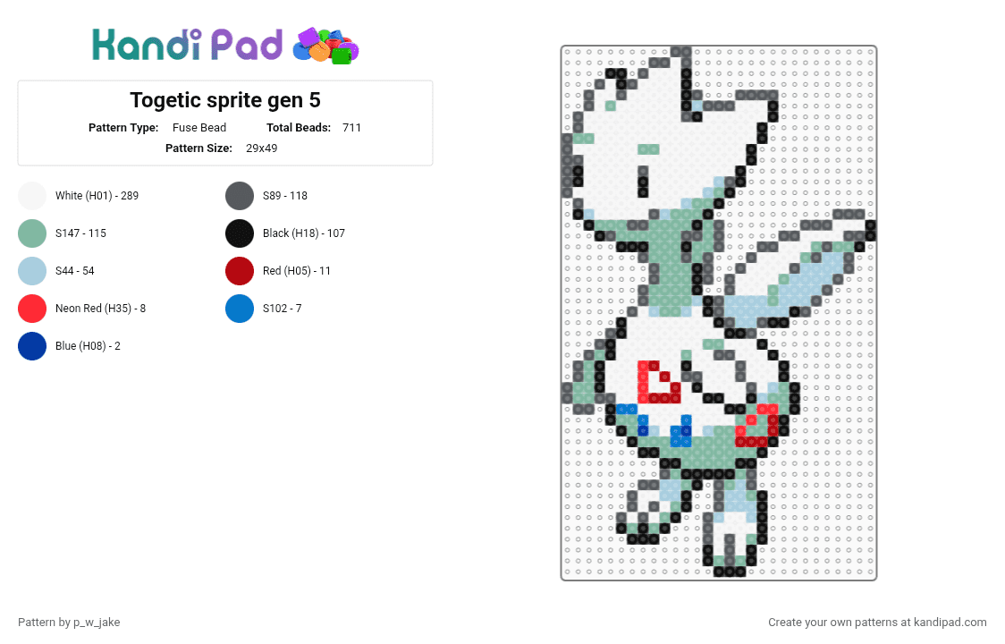 Togetic sprite gen 5 - Fuse Bead Pattern by p_w_jake on Kandi Pad - white,gray,teal,pokemon