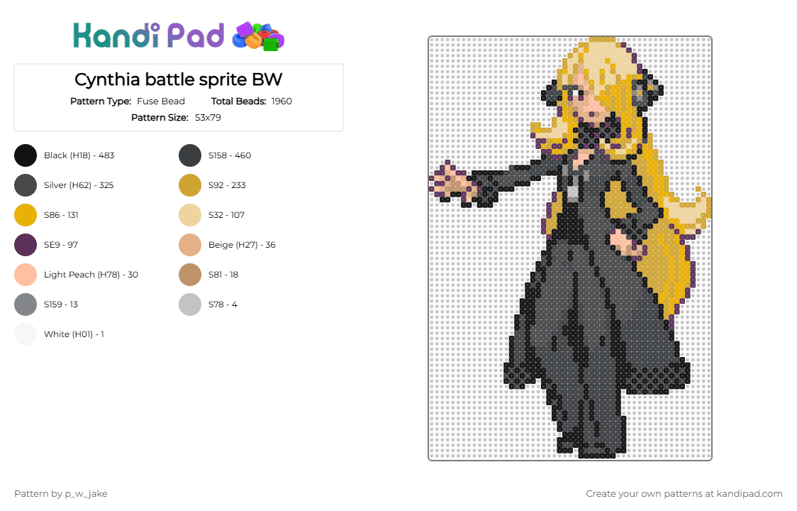 Cynthia battle sprite BW - Fuse Bead Pattern by p_w_jake on Kandi Pad - black,orange,brown,beige,pokemon,character